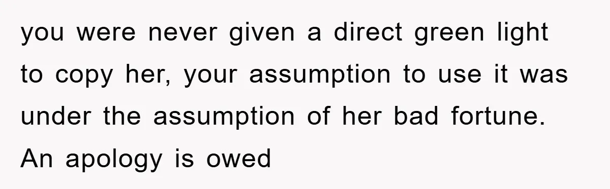 you were never given a direct green light to copy her, your assumption to use it was under the assumption of her bad fortune. An apology is owed
