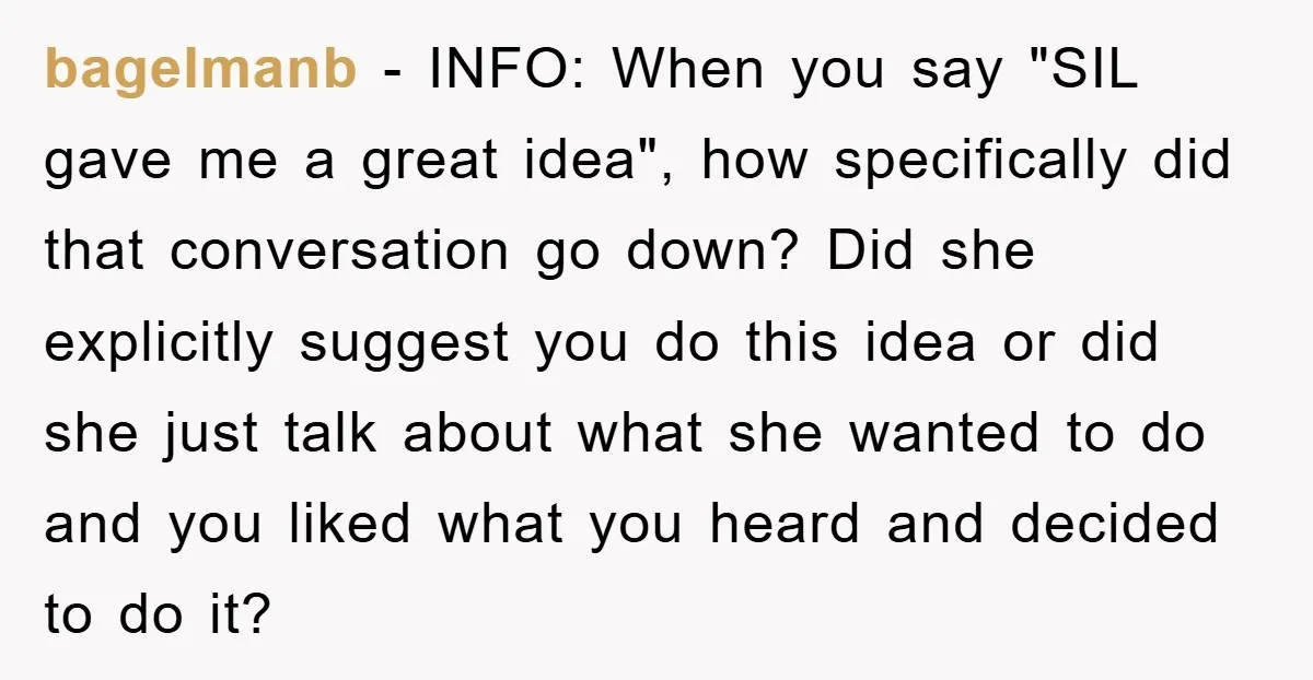 bagelmanb − INFO: When you say "SIL gave me a great idea", how specifically did that conversation go down? Did she explicitly suggest you do this idea or did she...