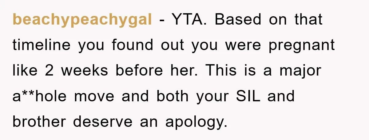 beachypeachygal − YTA. Based on that timeline you found out you were pregnant like 2 weeks before her. This is a major a**hole move and both your SIL and brother...