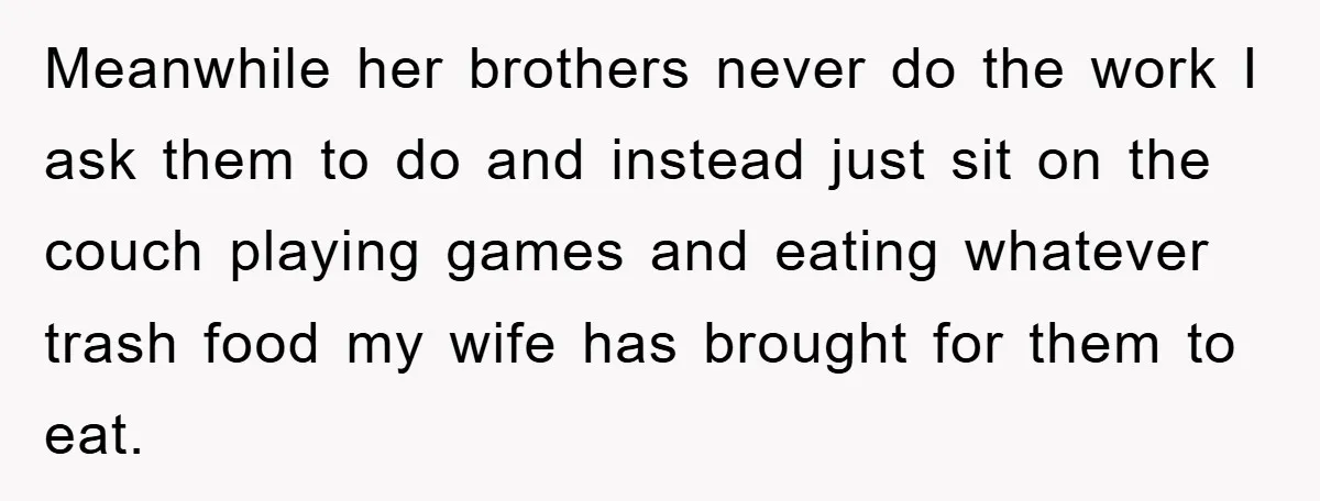 Meanwhile her brothers never do the work I ask them to do and instead just sit on the couch playing games and eating whatever trash food my wife has brought...
