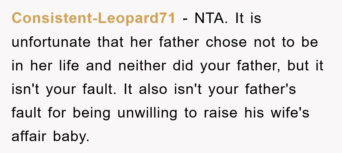 Consistent-Leopard71 − NTA. It is unfortunate that her father chose not to be in her life and neither did your father, but it isn't your fault. It also isn't your...