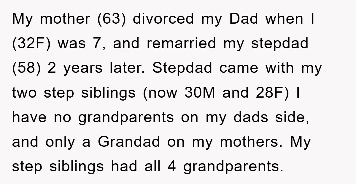 My mother (63) divorced my Dad when I (32F) was 7, and remarried my stepdad (58) 2 years later. Stepdad came with my two step siblings (now 30M and 28F)...