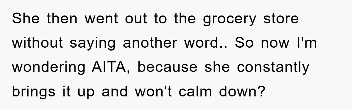 She then went out to the grocery store without saying another word.. So now I'm wondering AITA, because she constantly brings it up and won't calm down?