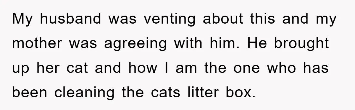 My husband was venting about this and my mother was agreeing with him. He brought up her cat and how I am the one who has been cleaning the cats...