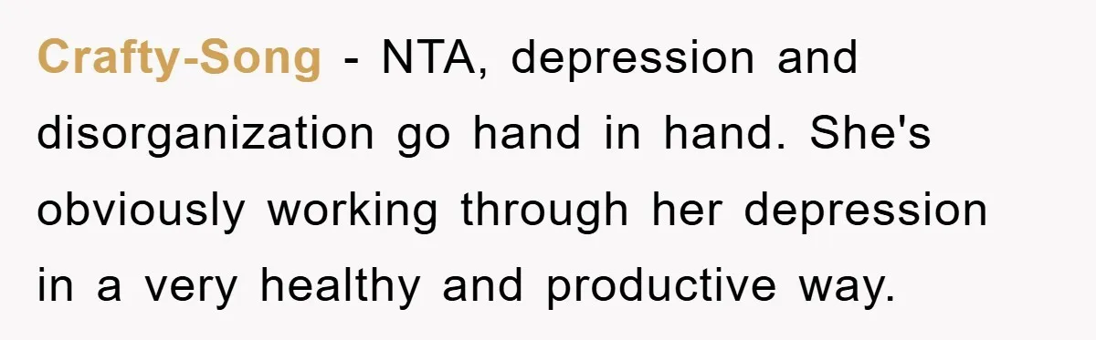 Crafty-Song − NTA, depression and disorganization go hand in hand. She's obviously working through her depression in a very healthy and productive way.