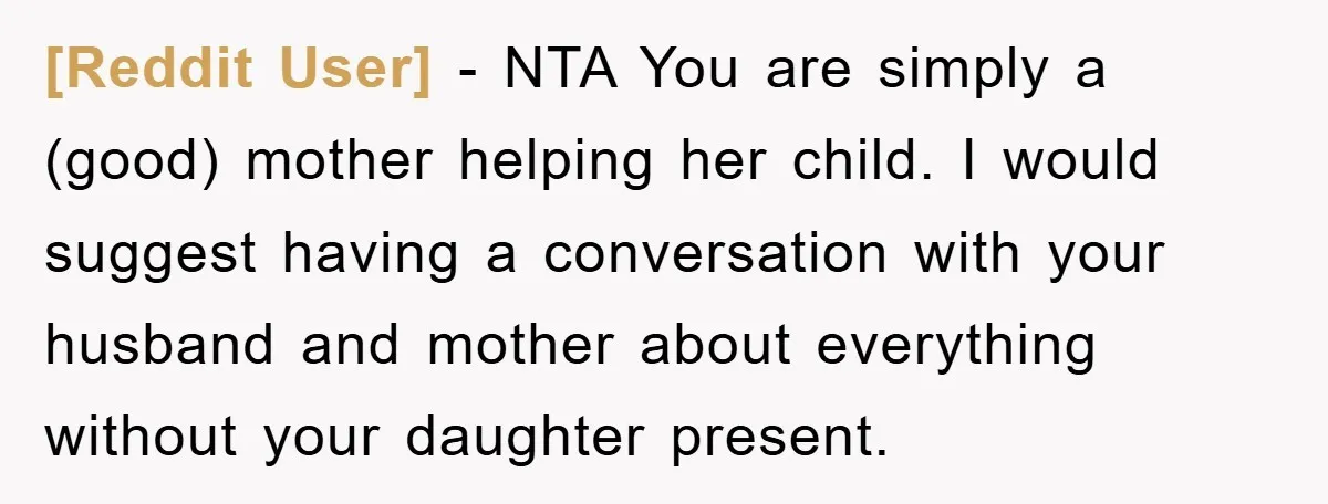 [Reddit User] − NTA You are simply a (good) mother helping her child. I would suggest having a conversation with your husband and mother about everything without your daughter present.