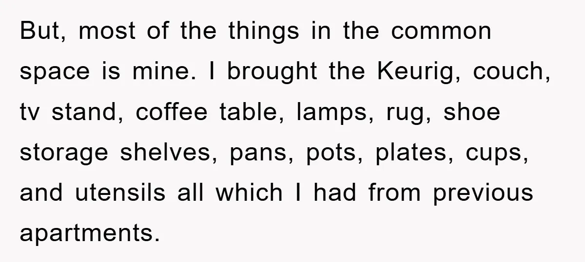 But, most of the things in the common space is mine. I brought the Keurig, couch, tv stand, coffee table, lamps, rug, shoe storage shelves, pans, pots, plates, cups, and...