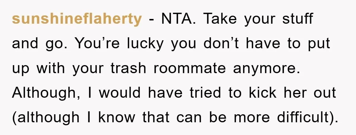 sunshineflaherty − NTA. Take your stuff and go. You’re lucky you don’t have to put up with your trash roommate anymore. Although, I would have tried to kick her out...