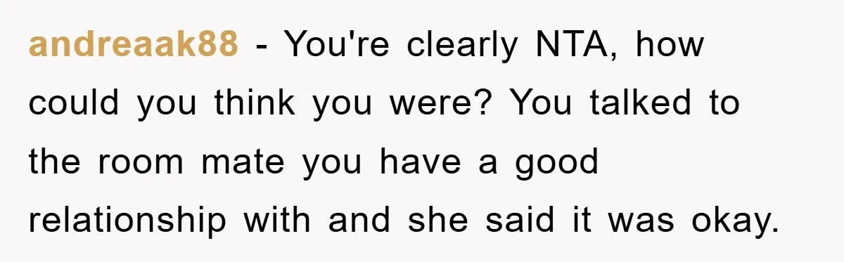 andreaak88 − You're clearly NTA, how could you think you were? You talked to the room mate you have a good relationship with and she said it was okay.