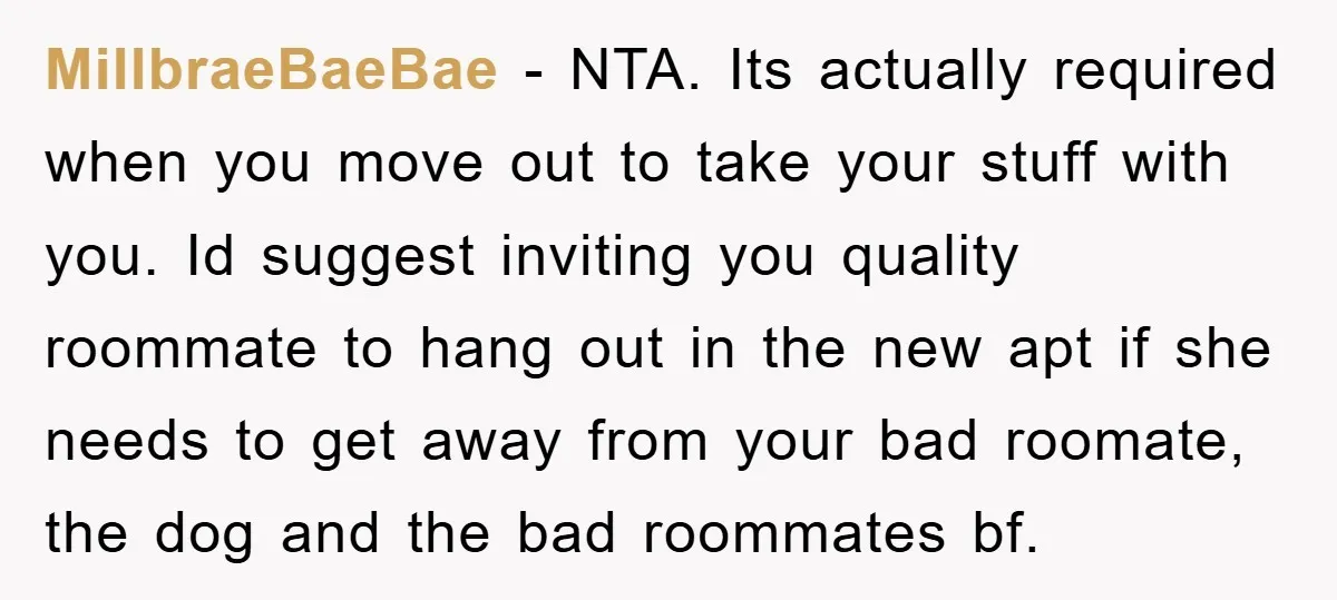 MillbraeBaeBae − NTA. Its actually required when you move out to take your stuff with you. Id suggest inviting you quality roommate to hang out in the new apt if...