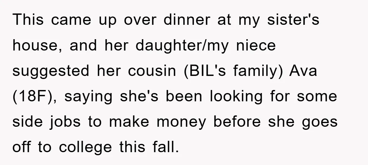 This came up over dinner at my sister's house, and her daughter/my niece suggested her cousin (BIL's family) Ava (18F), saying she's been looking for some side jobs to make...