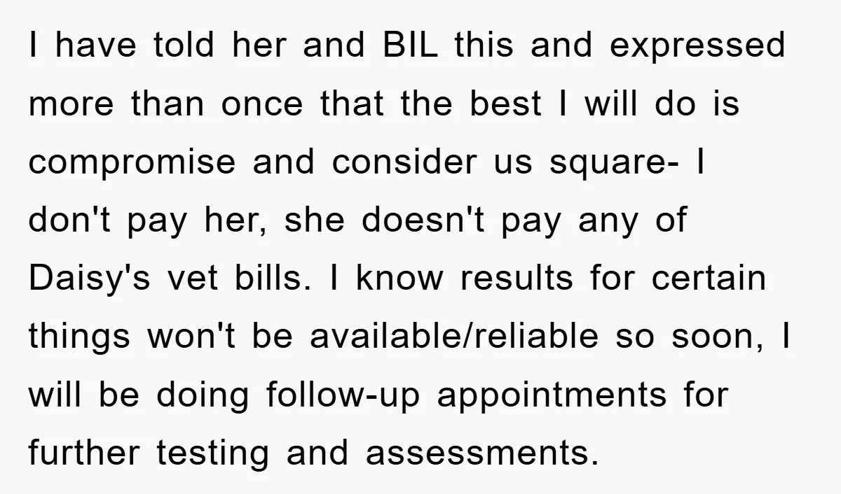 I have told her and BIL this and expressed more than once that the best I will do is compromise and consider us square- I don't pay her, she doesn't...