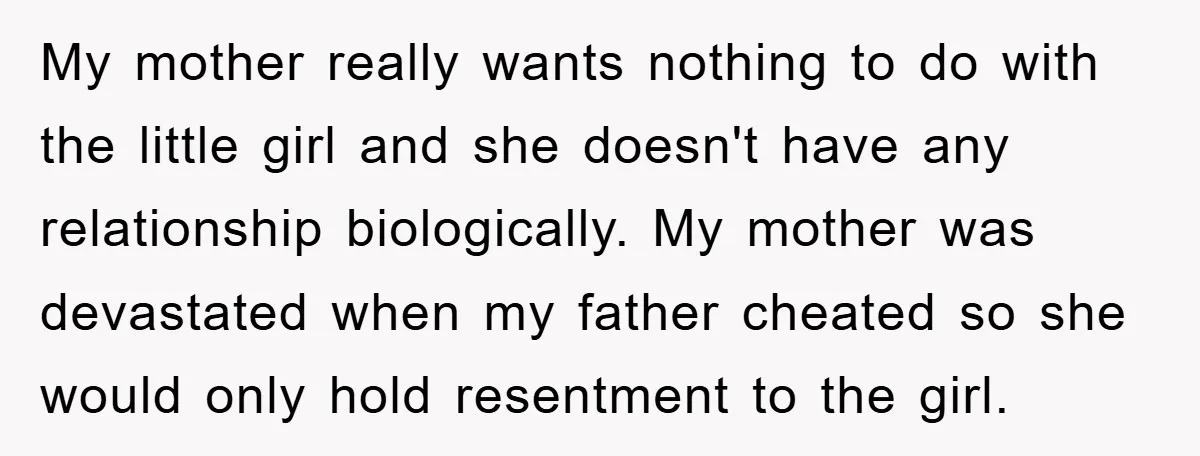 My mother really wants nothing to do with the little girl and she doesn't have any relationship biologically. My mother was devastated when my father cheated so she would only...
