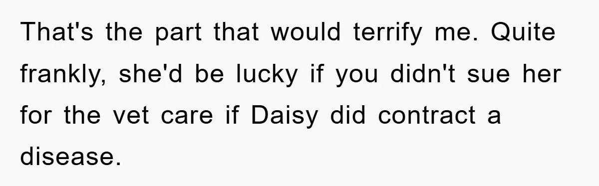 That's the part that would terrify me. Quite frankly, she'd be lucky if you didn't sue her for the vet care if Daisy did contract a disease.