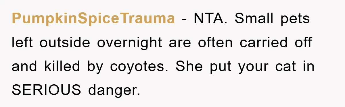PumpkinSpiceTrauma − NTA. Small pets left outside overnight are often carried off and killed by coyotes. She put your cat in SERIOUS danger.