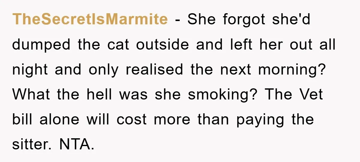TheSecretIsMarmite − She forgot she'd dumped the cat outside and left her out all night and only realised the next morning? What the hell was she smoking? The Vet bill...