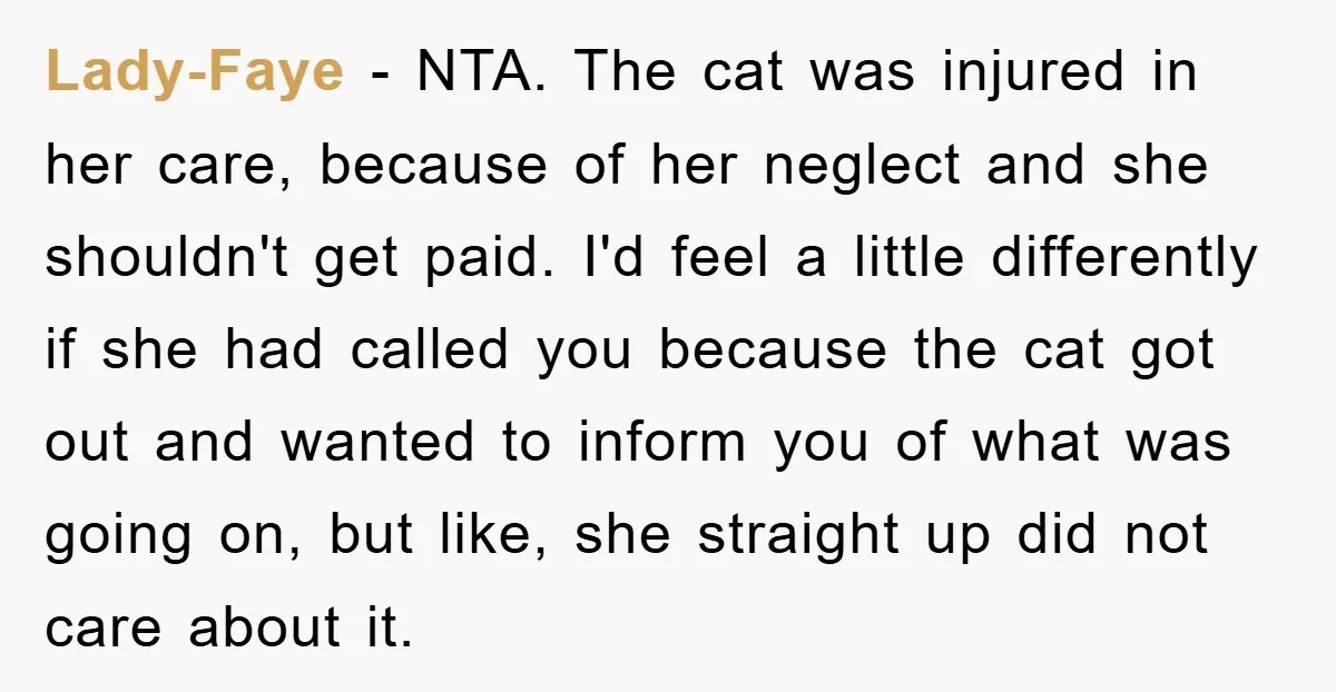 Lady-Faye − NTA. The cat was injured in her care, because of her neglect and she shouldn't get paid. I'd feel a little differently if she had called you because...