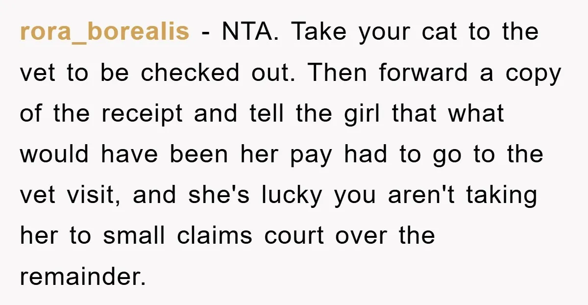 rora_borealis − NTA. Take your cat to the vet to be checked out. Then forward a copy of the receipt and tell the girl that what would have been her...
