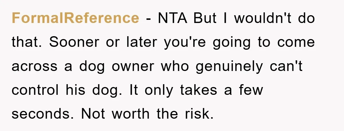 FormalReference − NTA But I wouldn't do that. Sooner or later you're going to come across a dog owner who genuinely can't control his dog. It only takes a few...