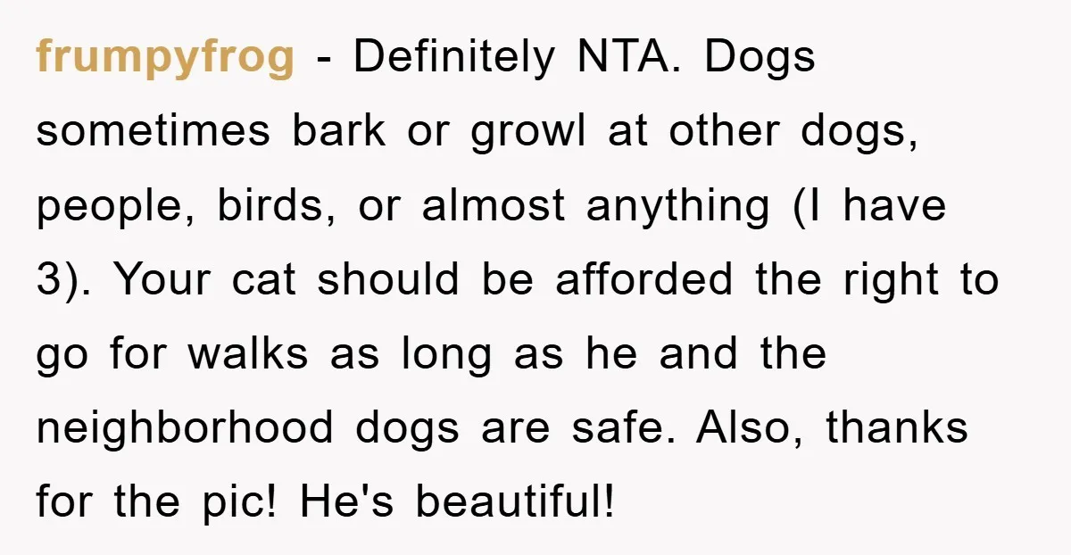 frumpyfrog − Definitely NTA. Dogs sometimes bark or growl at other dogs, people, birds, or almost anything (I have 3). Your cat should be afforded the right to go for...