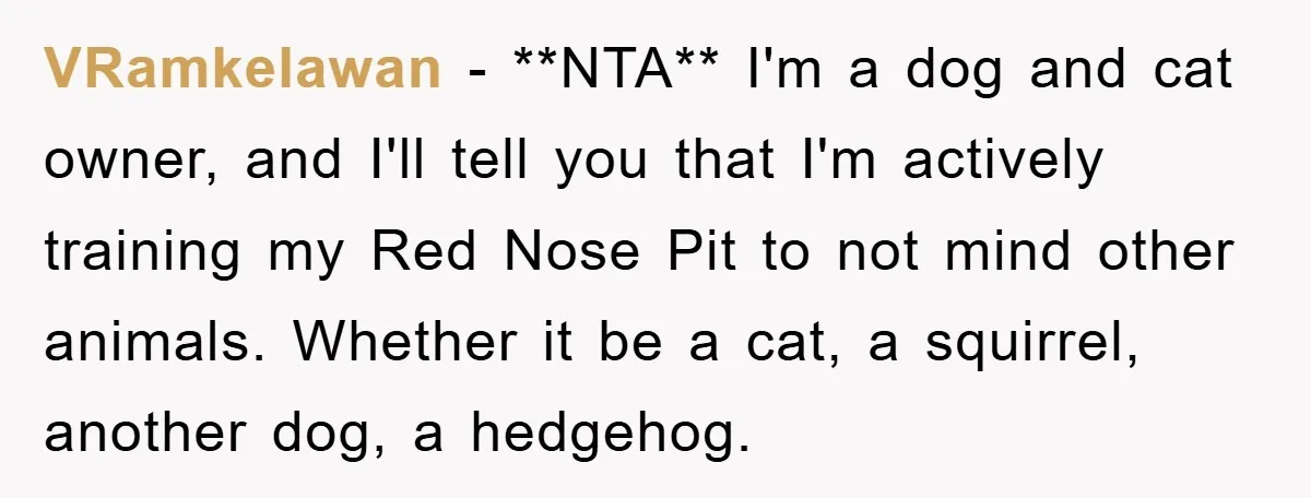 VRamkelawan − **NTA** I'm a dog and cat owner, and I'll tell you that I'm actively training my Red Nose Pit to not mind other animals. Whether it be a...
