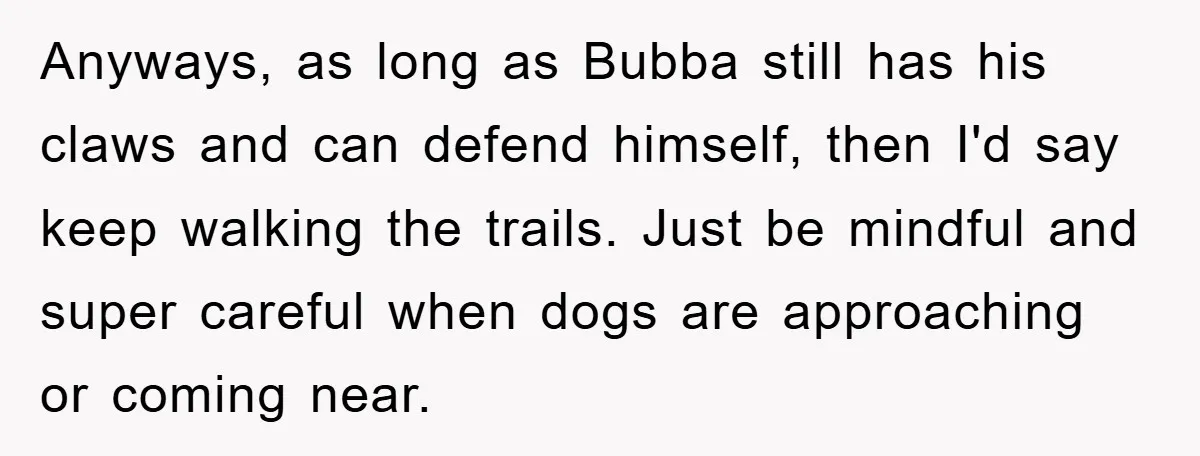 Anyways, as long as Bubba still has his claws and can defend himself, then I'd say keep walking the trails. Just be mindful and super careful when dogs are approaching...