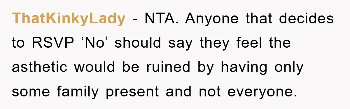 ThatKinkyLady − NTA. Anyone that decides to RSVP ‘No’ should say they feel the asthetic would be ruined by having only some family present and not everyone.