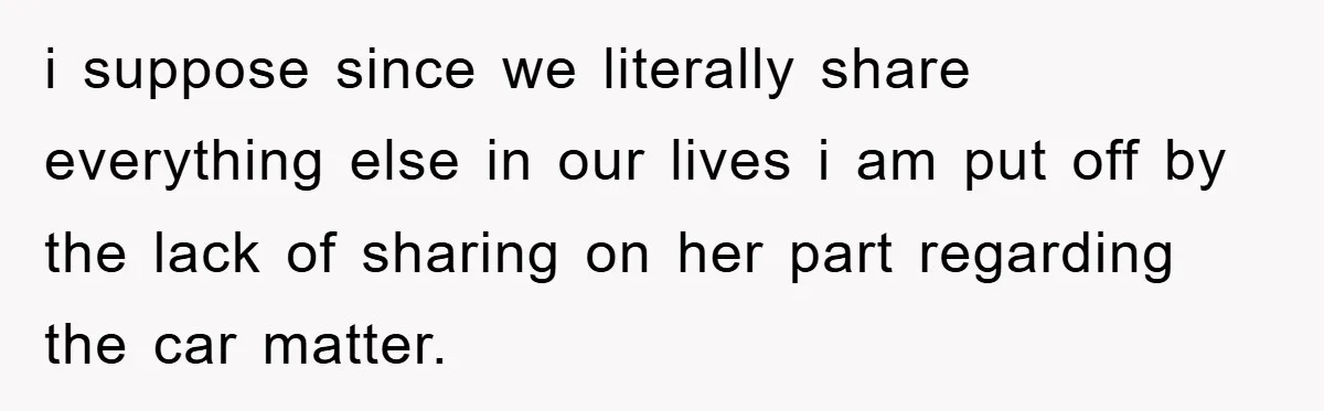 i suppose since we literally share everything else in our lives i am put off by the lack of sharing on her part regarding the car matter.