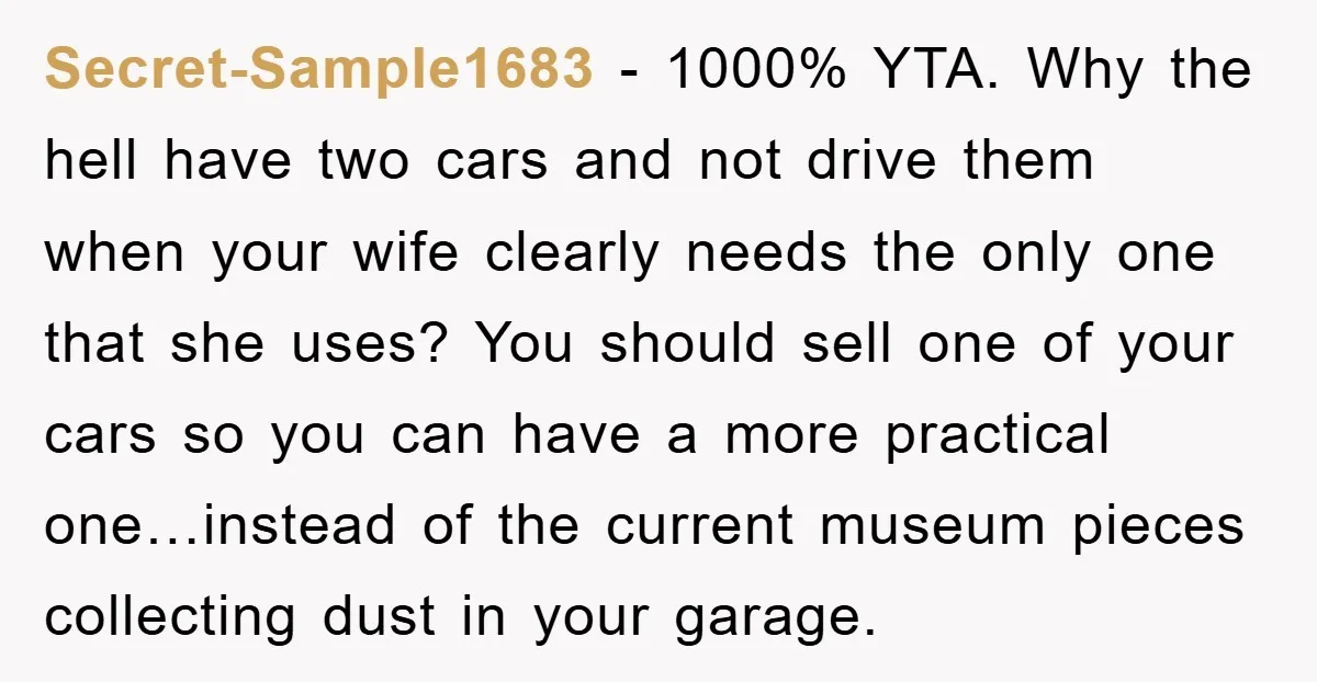 Secret-Sample1683 − 1000% YTA. Why the hell have two cars and not drive them when your wife clearly needs the only one that she uses? You should sell one of...