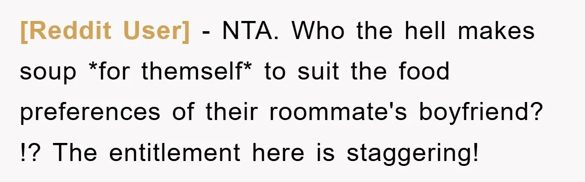 [Reddit User] − NTA. Who the hell makes soup *for themself* to suit the food preferences of their roommate's boyfriend? !? The entitlement here is staggering!