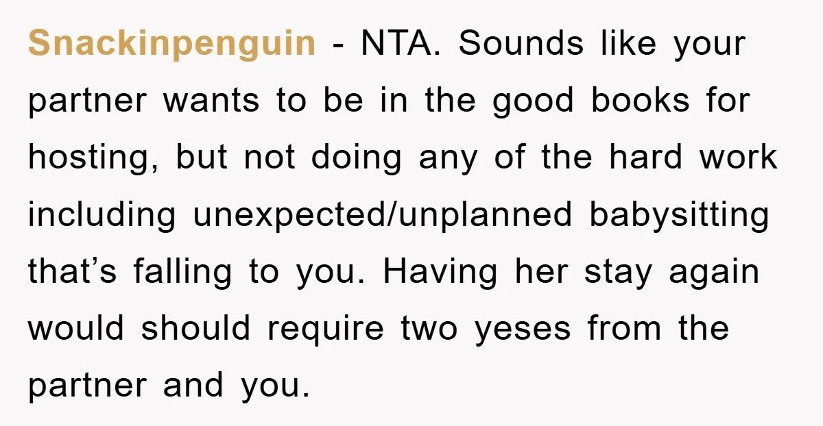 Snackinpenguin − NTA. Sounds like your partner wants to be in the good books for hosting, but not doing any of the hard work including unexpected/unplanned babysitting that’s falling to...