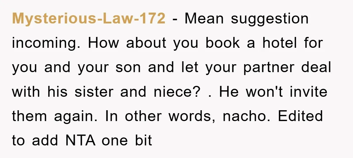 Mysterious-Law-172 − Mean suggestion incoming. How about you book a hotel for you and your son and let your partner deal with his sister and niece? . He won't invite...