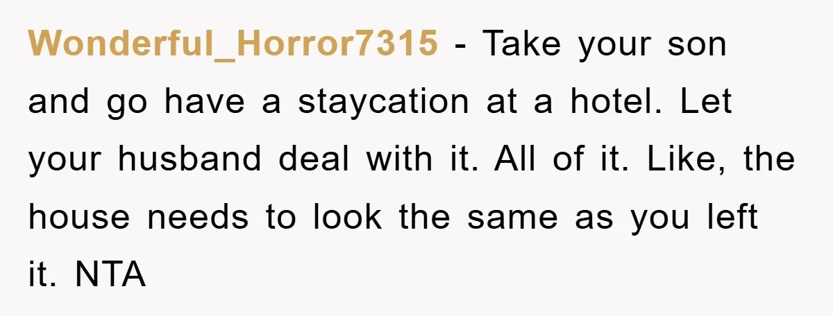 Wonderful_Horror7315 − Take your son and go have a staycation at a hotel. Let your husband deal with it. All of it. Like, the house needs to look the same...