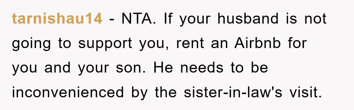 tarnishau14 − NTA. If your husband is not going to support you, rent an Airbnb for you and your son. He needs to be inconvenienced by the sister-in-law's visit.