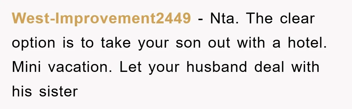 West-Improvement2449 − Nta. The clear option is to take your son out with a hotel. Mini vacation. Let your husband deal with his sister