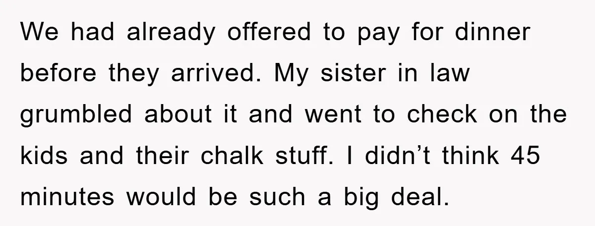 We had already offered to pay for dinner before they arrived. My sister in law grumbled about it and went to check on the kids and their chalk stuff. I...