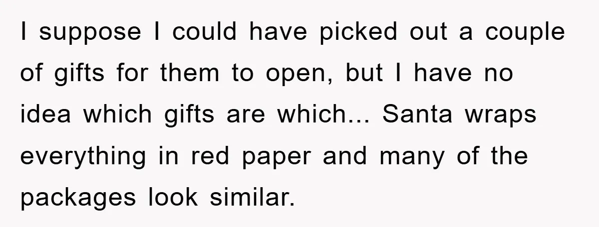 I suppose I could have picked out a couple of gifts for them to open, but I have no idea which gifts are which... Santa wraps everything in red paper...