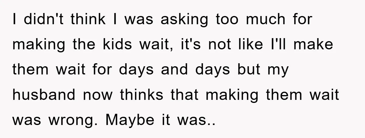I didn't think I was asking too much for making the kids wait, it's not like I'll make them wait for days and days but my husband now thinks that...