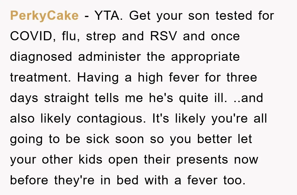 PerkyCake − YTA. Get your son tested for COVID, flu, strep and RSV and once diagnosed administer the appropriate treatment. Having a high fever for three days straight tells me...