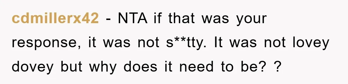 cdmillerx42 − NTA if that was your response, it was not s**tty. It was not lovey dovey but why does it need to be? ?