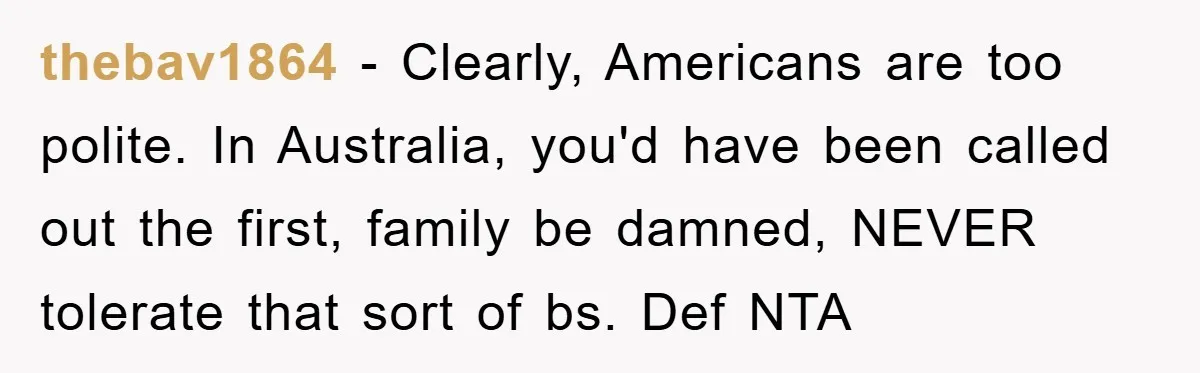 thebav1864 − Clearly, Americans are too polite. In Australia, you'd have been called out the first, family be damned, NEVER tolerate that sort of bs. Def NTA