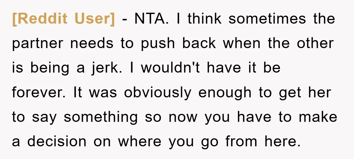 [Reddit User] − NTA. I think sometimes the partner needs to push back when the other is being a jerk. I wouldn't have it be forever. It was obviously enough...