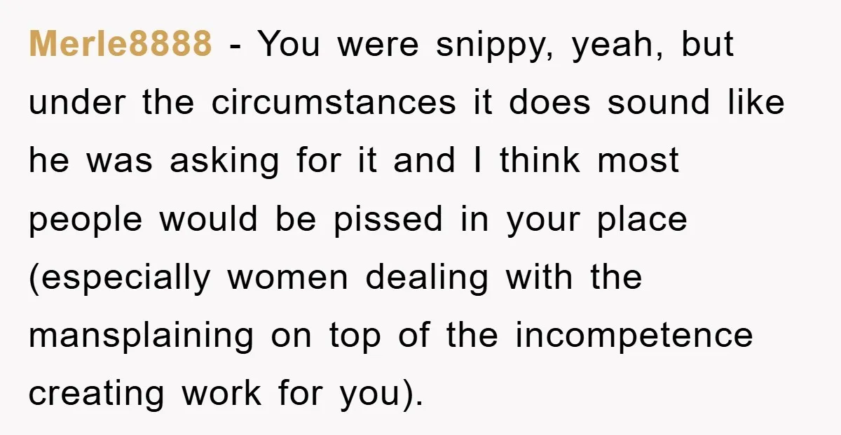 Merle8888 - You were snippy, yeah, but under the circumstances it does sound like he was asking for it and I think most people would be pissed in your place...