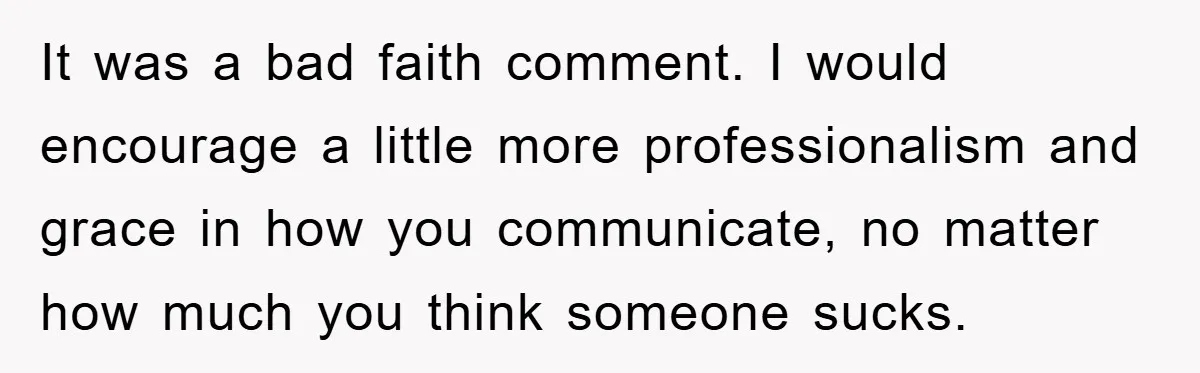 It was a bad faith comment. I would encourage a little more professionalism and grace in how you communicate, no matter how much you think someone sucks.