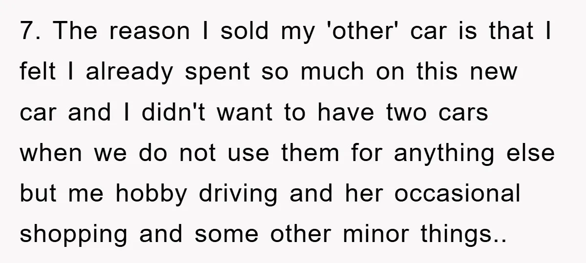 7. The reason I sold my 'other' car is that I felt I already spent so much on this new car and I didn't want to have two cars when...