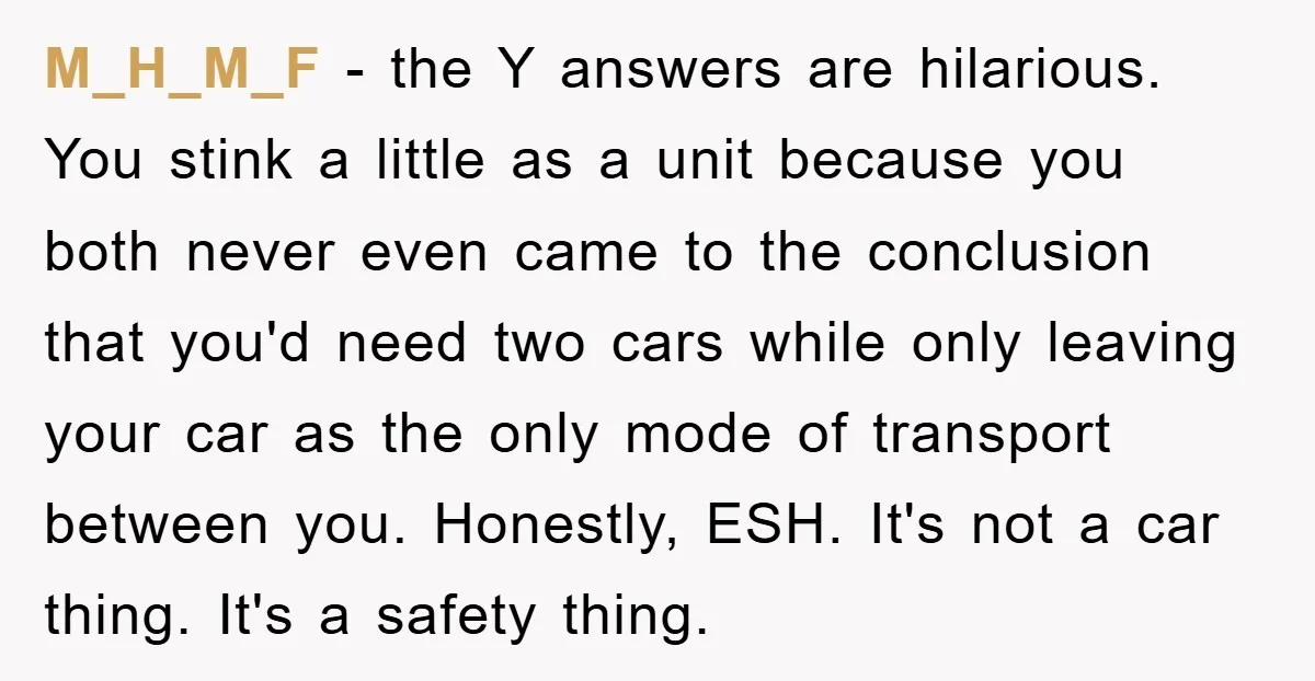 M_H_M_F − the Y answers are hilarious. You stink a little as a unit because you both never even came to the conclusion that you'd need two cars while only...