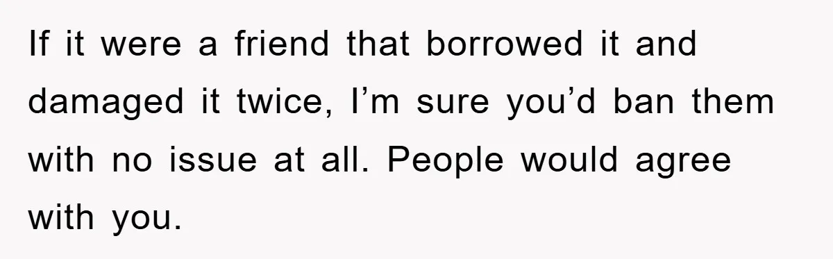 If it were a friend that borrowed it and damaged it twice, I’m sure you’d ban them with no issue at all. People would agree with you.