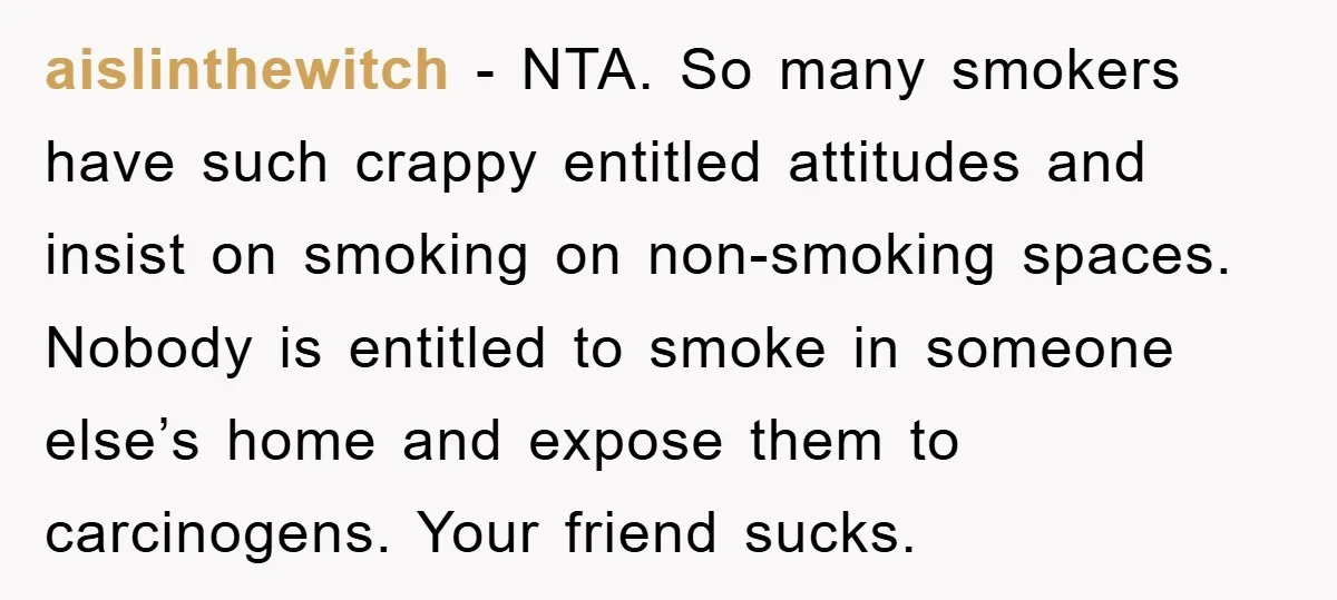 aislinthewitch − NTA. So many smokers have such crappy entitled attitudes and insist on smoking on non-smoking spaces. Nobody is entitled to smoke in someone else’s home and expose them...