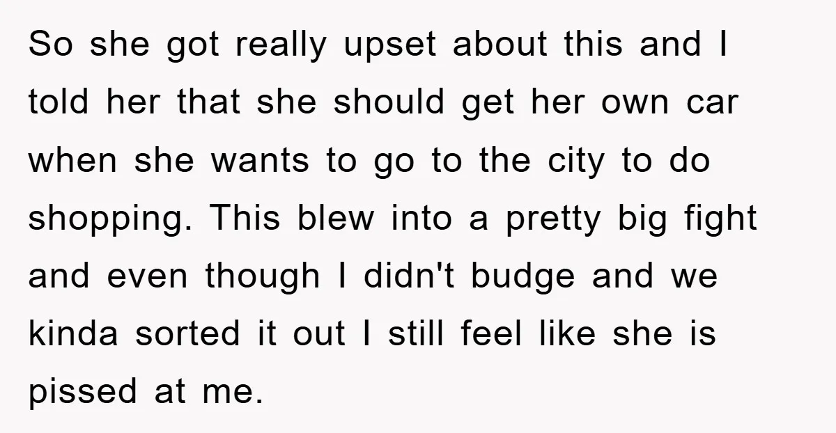 So she got really upset about this and I told her that she should get her own car when she wants to go to the city to do shopping. This...
