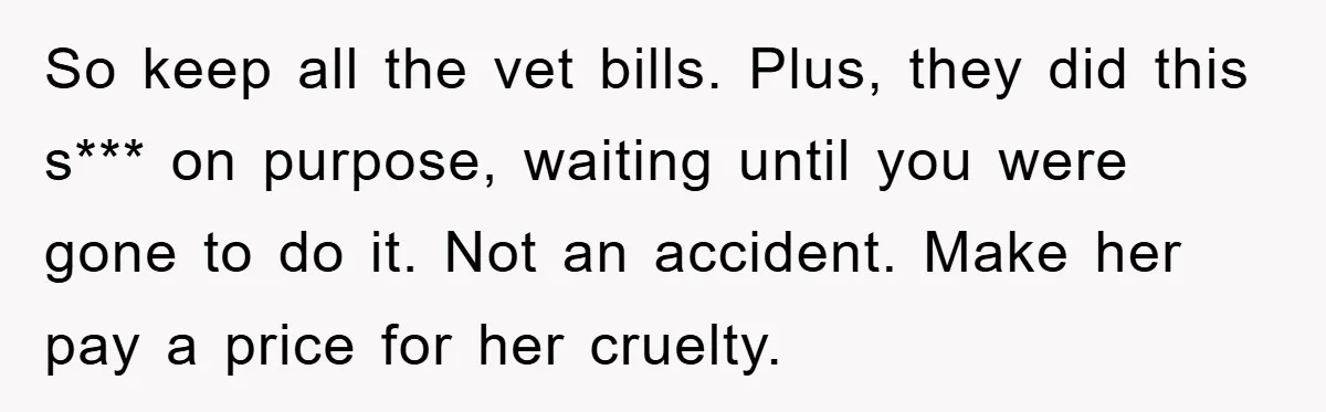 So keep all the vet bills. Plus, they did this s*** on purpose, waiting until you were gone to do it. Not an accident. Make her pay a price for...